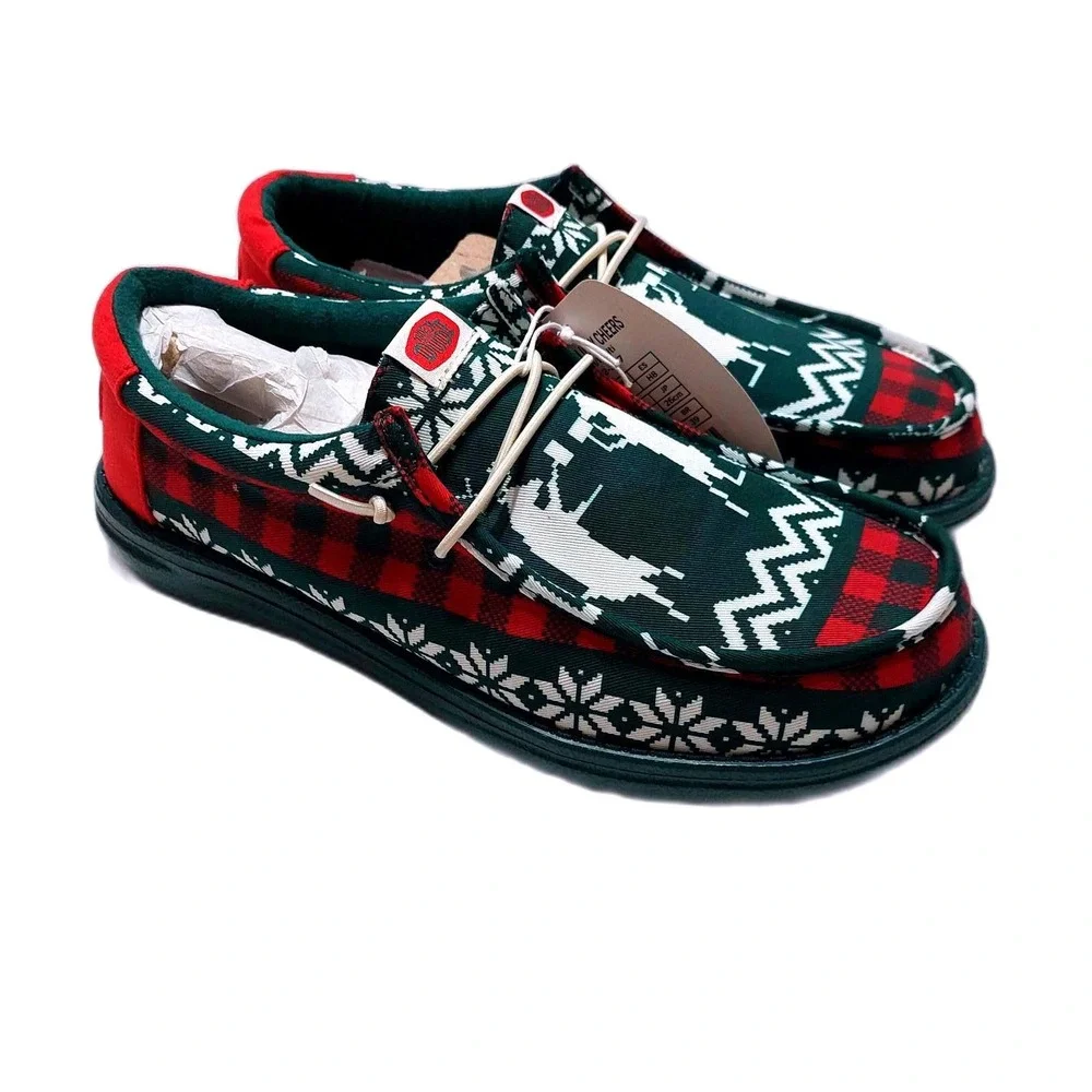 NEW Hey Dude Wally Holiday‎ Cheers Moccasin Shoes Men US 8 Green Plaid Reindeer